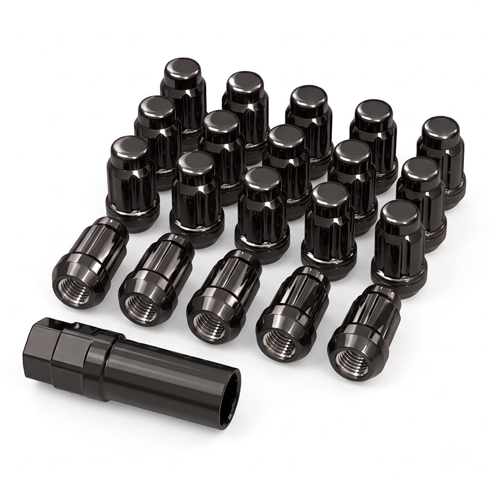 Set of 20 new black splined lug nuts with splined key for UTV, ATV, and SXS applications in a 12mmx1.5 thread pitch, sold with fast and free shipping.