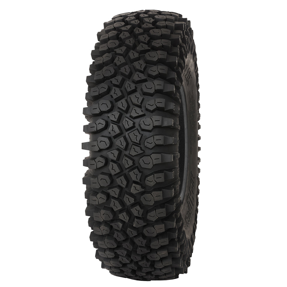 Slightly angled view of the tread pattern and aggressive lug design and shoulder sidewall rock grabbing lugs of the High Lifter ST and STX lineup of rock crawling high performance UTV and SXS tires.
