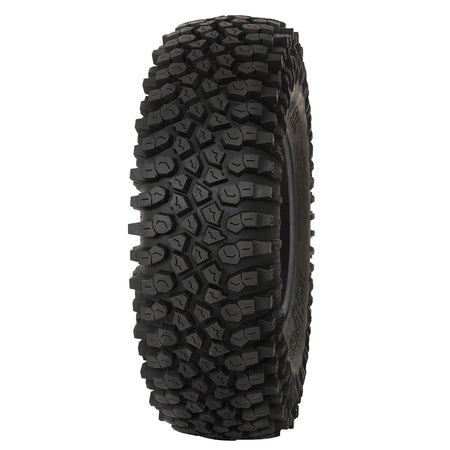 Slightly angled view of the tread pattern and aggressive lug design and shoulder sidewall rock grabbing lugs of the High Lifter ST and STX lineup of rock crawling high performance UTV and SXS tires.