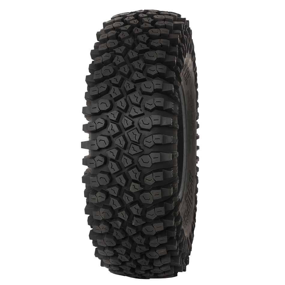 Slightly angled view of the tread pattern and aggressive lug design and shoulder sidewall rock grabbing lugs of the High Lifter ST and STX lineup of rock crawling high performance UTV and SXS tires.