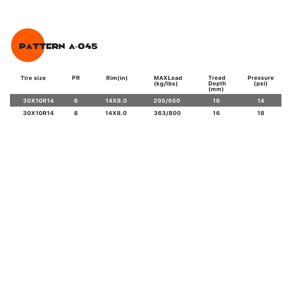 Chart of the available sizes and specifications of the SunF A045 UTV / SXS 8-ply radial A/T tire.