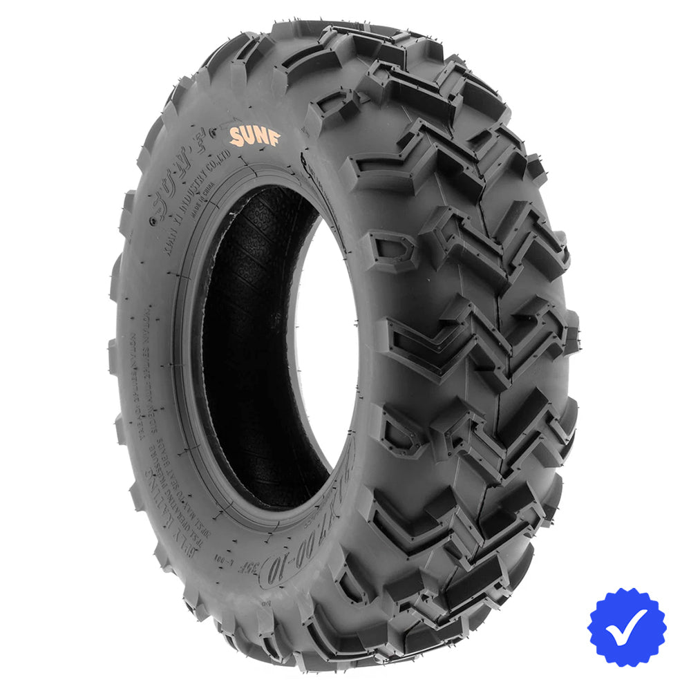 Individual SunF A001 front ATV / Quad / ZTR tire, featuring a high traction zigzag all terrain tread pattern, 6-ply bias construction, and for sale with free shipping, offered as a single replacement tire.