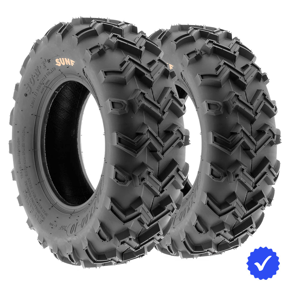 Pair of SunF A001 front ATV / Quad / ZTR tires, featuring a high traction zigzag all terrain tread pattern, 6-ply bias construction, and for sale with free shipping, offered as a set of 2.