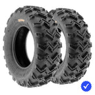 Pair of SunF A001 front ATV / Quad / ZTR tires, featuring a high traction zigzag all terrain tread pattern, 6-ply bias construction, and for sale with free shipping, offered as a set of 2.