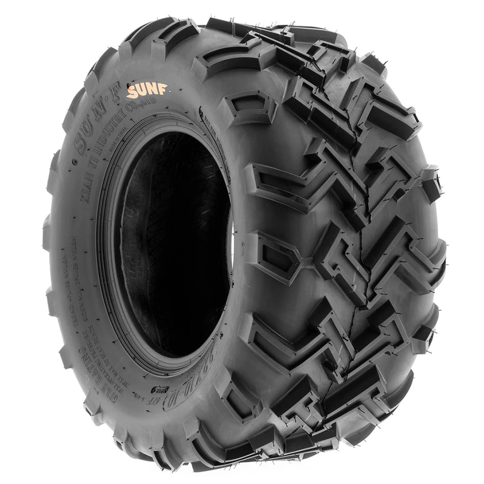Alternate angled view of the SunF A001 6-ply bias atv, utv, and ztr rear tire in 22x10-10 size, displaying the hot press full color SunF logo on the sidewall.