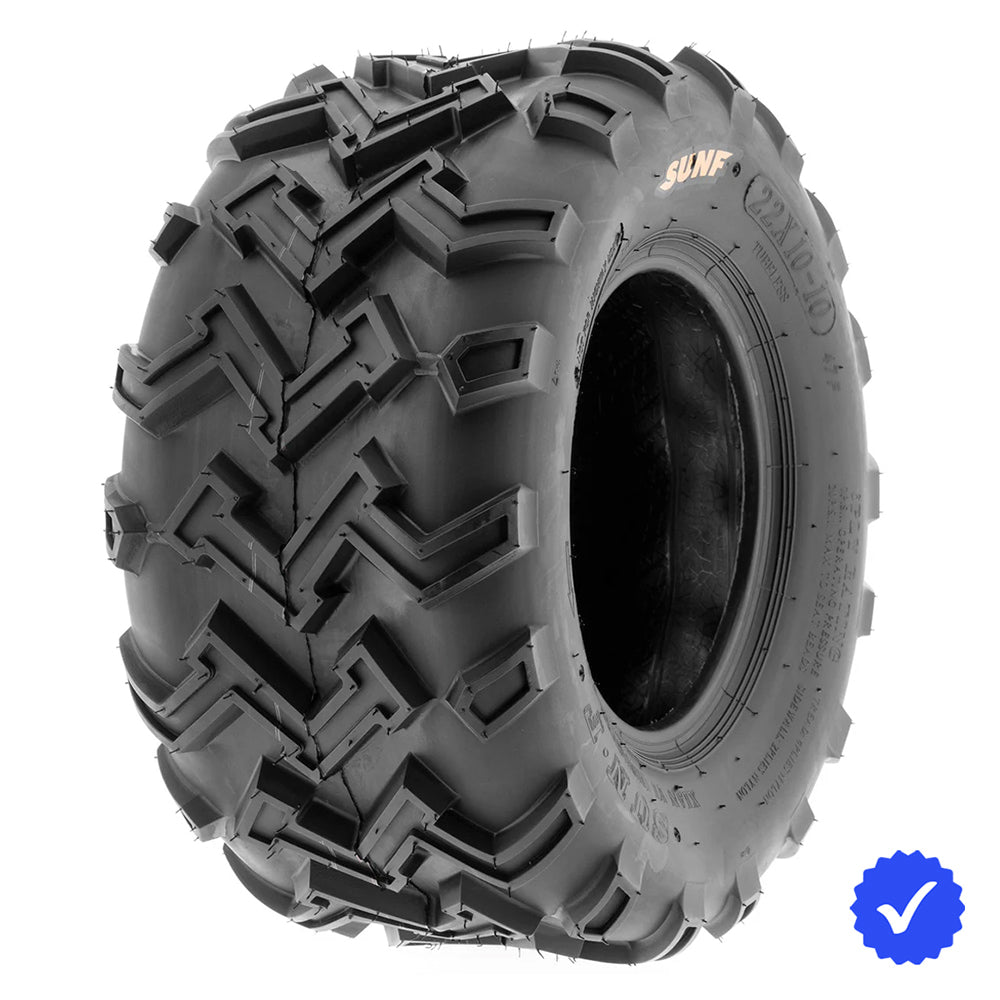 Individual SunF A001 rear ATV / Quad / ZTR tire, featuring a high traction zigzag all terrain tread pattern, 6-ply bias construction, and for sale with free shipping, offered as a single replacement tire.