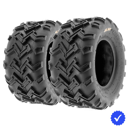 Pair of SunF A001 rear ATV / Quad / ZTR tires, featuring a high traction zigzag all terrain tread pattern, 6-ply bias construction, and for sale with free shipping, offered as a set of 2.