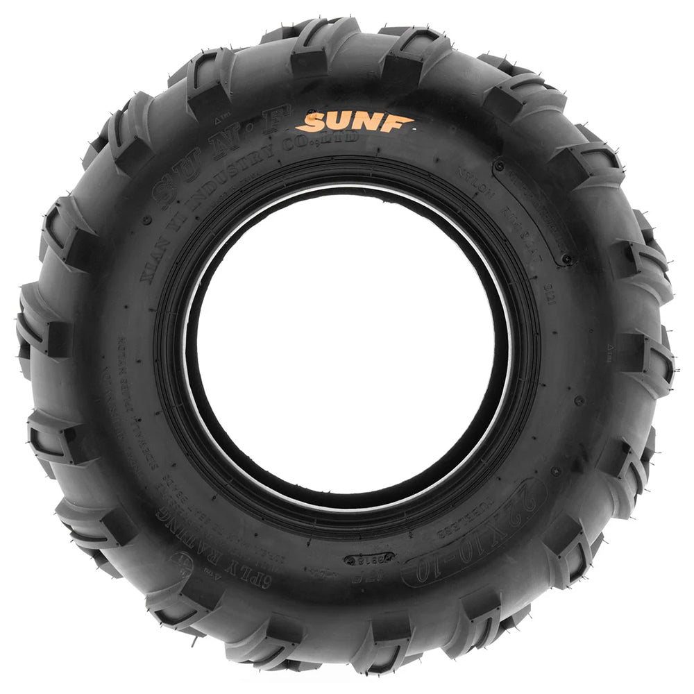 Full sidewall view of the SunF A001 rear 22x10-10 tire, showing the information molded on to the sidewall such as "nylon", "6ply rating", "sunf", and "xian yi industry co., ltd".