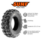 Promotional photo of the SunF A001 all terrain high traction all-terrain bias 6-ply tire designed for desert, hard pack, mud, cross country, and rocky conditions, available to purchase individually or in pairs / sets of 2.