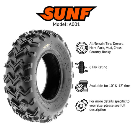 Promotional photo of the SunF A001 all terrain high traction all-terrain bias 6-ply tire designed for desert, hard pack, mud, cross country, and rocky conditions, available to purchase individually or in pairs / sets of 2.
