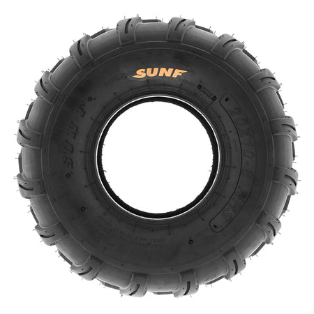Full sidewall view of SunF ATV tires made for 8" rims with overall heights ranging from 18" to 21", using rugged 6-ply construction.