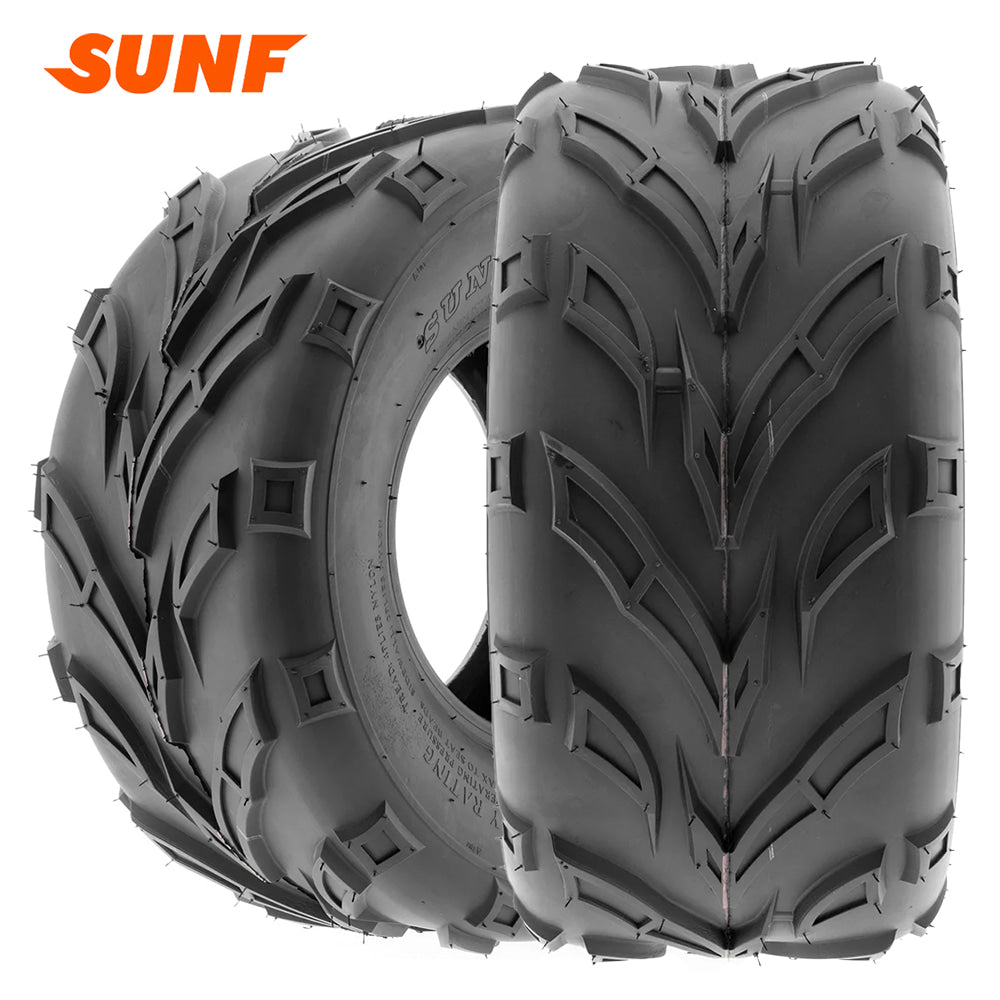 Basic all-terrain economy SunF A004 6-ply and 4-ply ATV and Quad tire available in 6", 7", 8", and 10" rim sizes, all with free shipping and able to be purchased as single tires or as a pair / set of 2, all with free shipping by Ride or Die Tire.