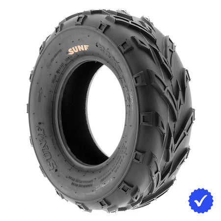 Single / Individual SunF A004 front ATV tire available with free shipping, featuring 6-ply bias construction and angled all-terrain tread pattern, sold by Ride or Die Tire.