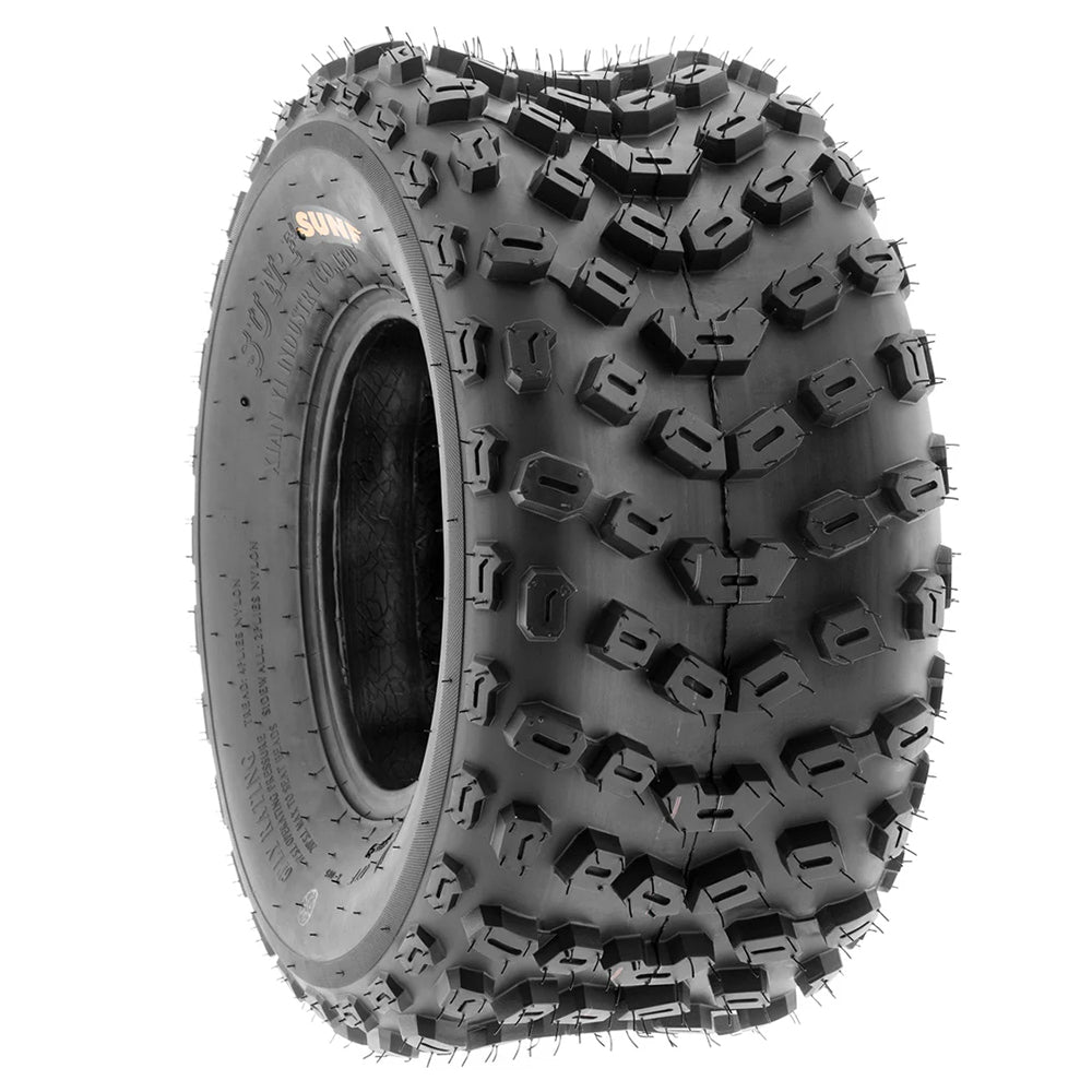 Alternate angled view of the great looking, great value ATV directional all terrain tire from SunF, the A005 model, featuring directional tread design for great lateral side bite and top acceleration and braking traction.