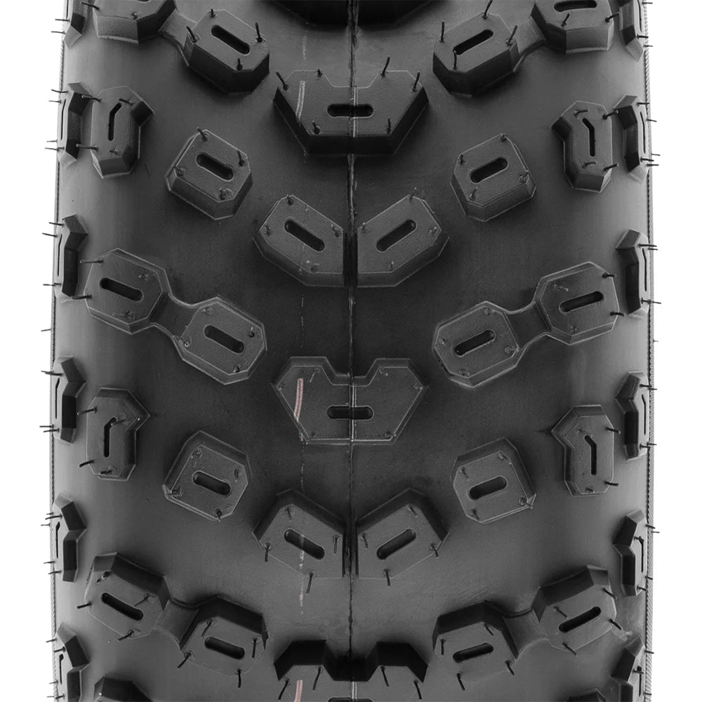Alternate close up view of the tread design and connected angled block bases of the SunF AOO5 ATV tire, available in 22x11-10 and 18x10.5-9 sizes.