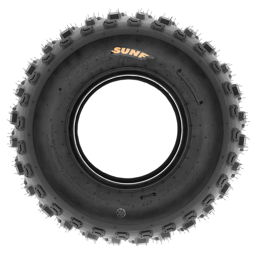 Full sidewall view of the SunF A005 ATV / Quad tire in 22x11-10 size, displaying the NHS rating and full color hot press sidewall SunF logo.