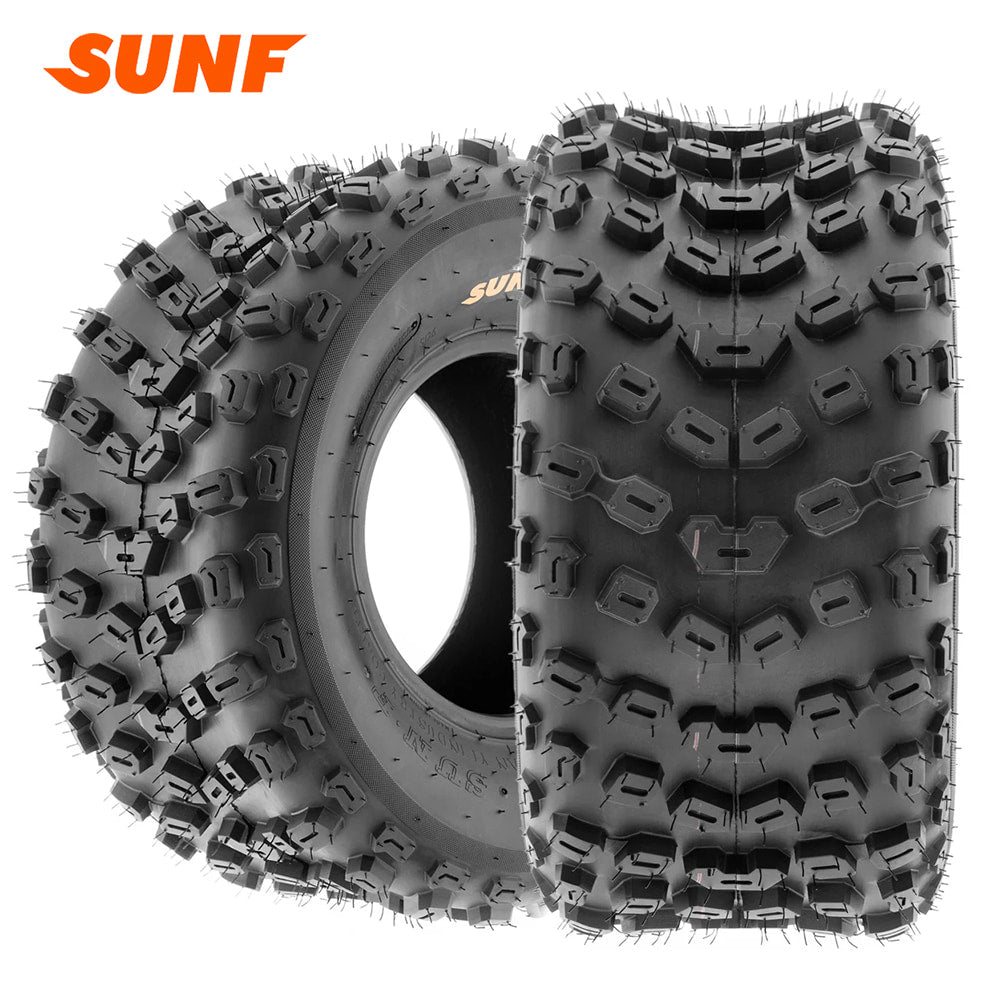 Main listing photo of the SunF A005 Quad and ATV 6-Ply Bias construction tire, designed for high traction and performance with an angled, diagonal, and directional tread pattern, offered in 9" and 10" rim sizes, all with free shipping from Ride or Die Tire.