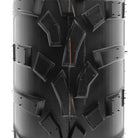 Straight on view of the tread pattern and lug design of the SunF A010 all-terrain UTV and ATV tire, displaying the directional pattern with staggered angled center lugs, manufactured with clamshell mold technology.