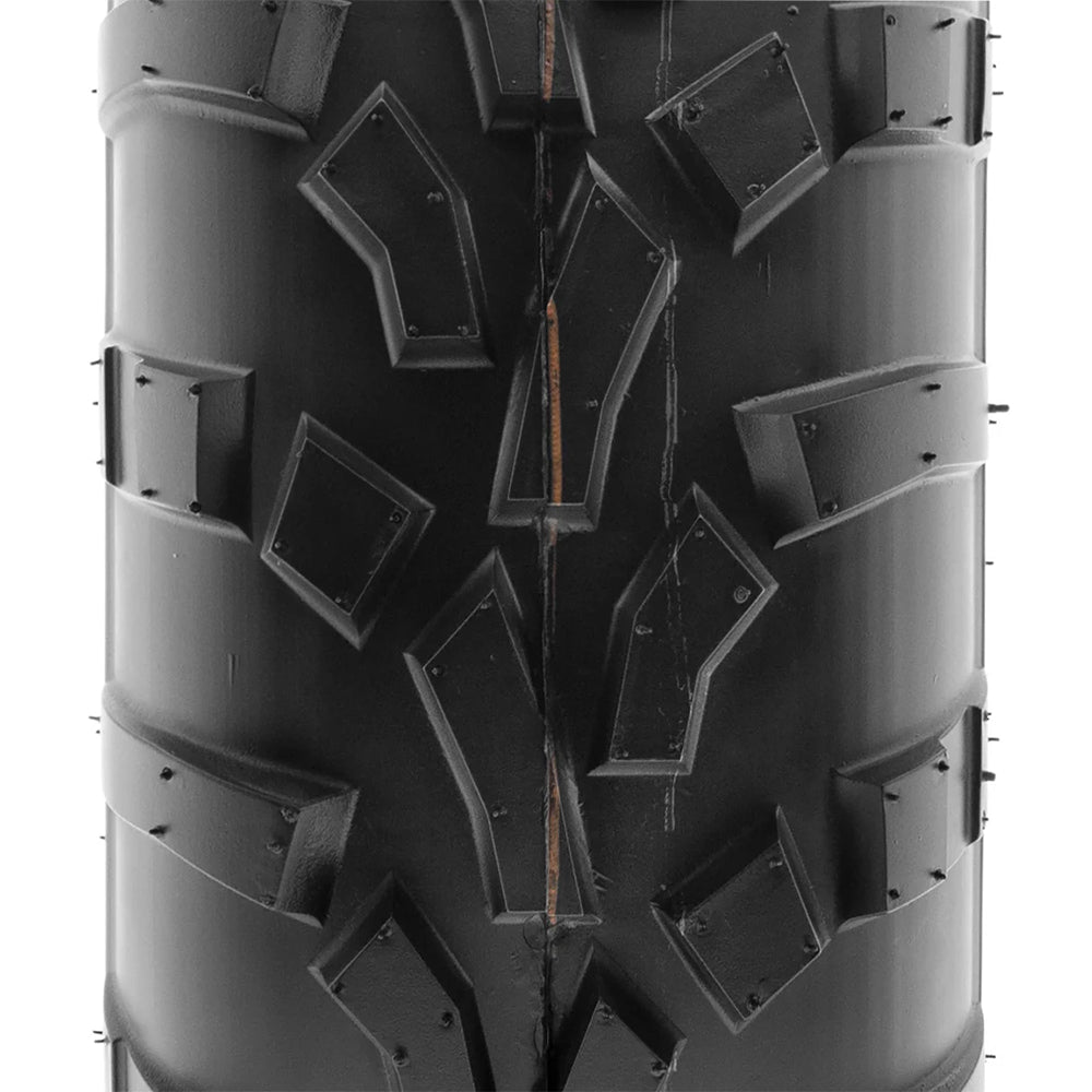 Straight on view of the tread pattern and lug design of the SunF A010 all-terrain UTV and ATV tire, displaying the directional pattern with staggered angled center lugs, manufactured with clamshell mold technology.