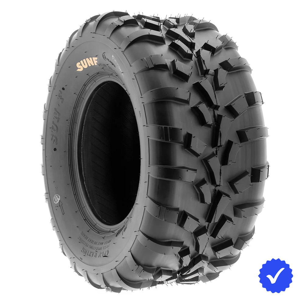 Individual SunF A010 rear ATV tire for sale with free shipping, manufactured with 6-ply bias construction and directional all terrain design in 25" tall sizes, offered with fast and free shipping.