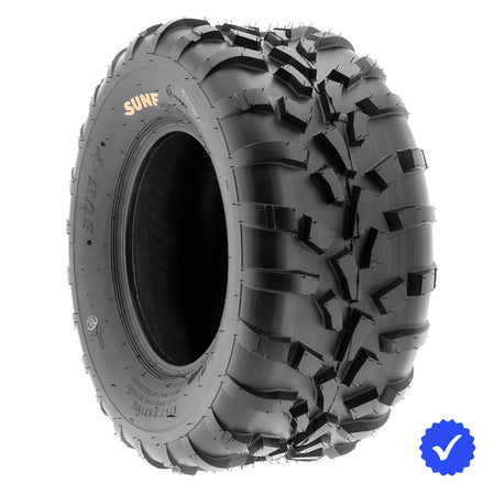 Individual SunF A010 rear ATV tire for sale with free shipping, manufactured with 6-ply bias construction and directional all terrain design in 25" tall sizes, offered with fast and free shipping.