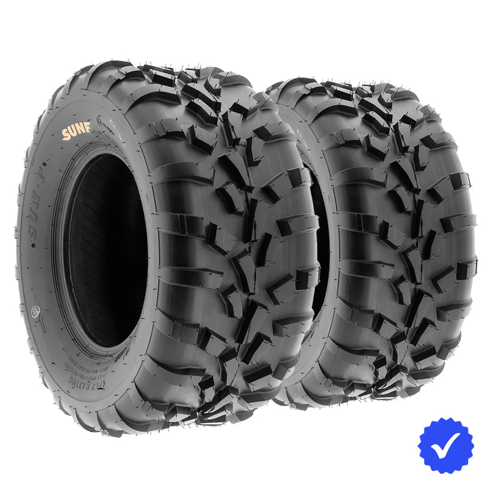 Pair of SunF A010 rear ATV tires for sale with free shipping, save money by buying a set of 2, made with 6-ply bias construction and all terrain design, offered with free shipping.