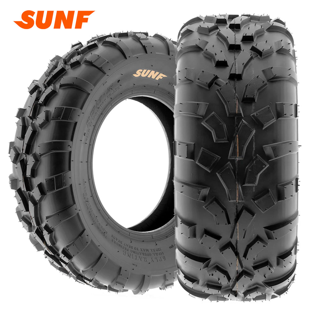 Main listing photo for the SunF AO1O all-terrain, directional, 6-ply bias ATV and UTV tire, featuring tough construction and affordable price point, available in 25x8-12, 25x10-12, 25x11-10, and 25x11-12 sizes, offered for sale by Ride or Die Tire.