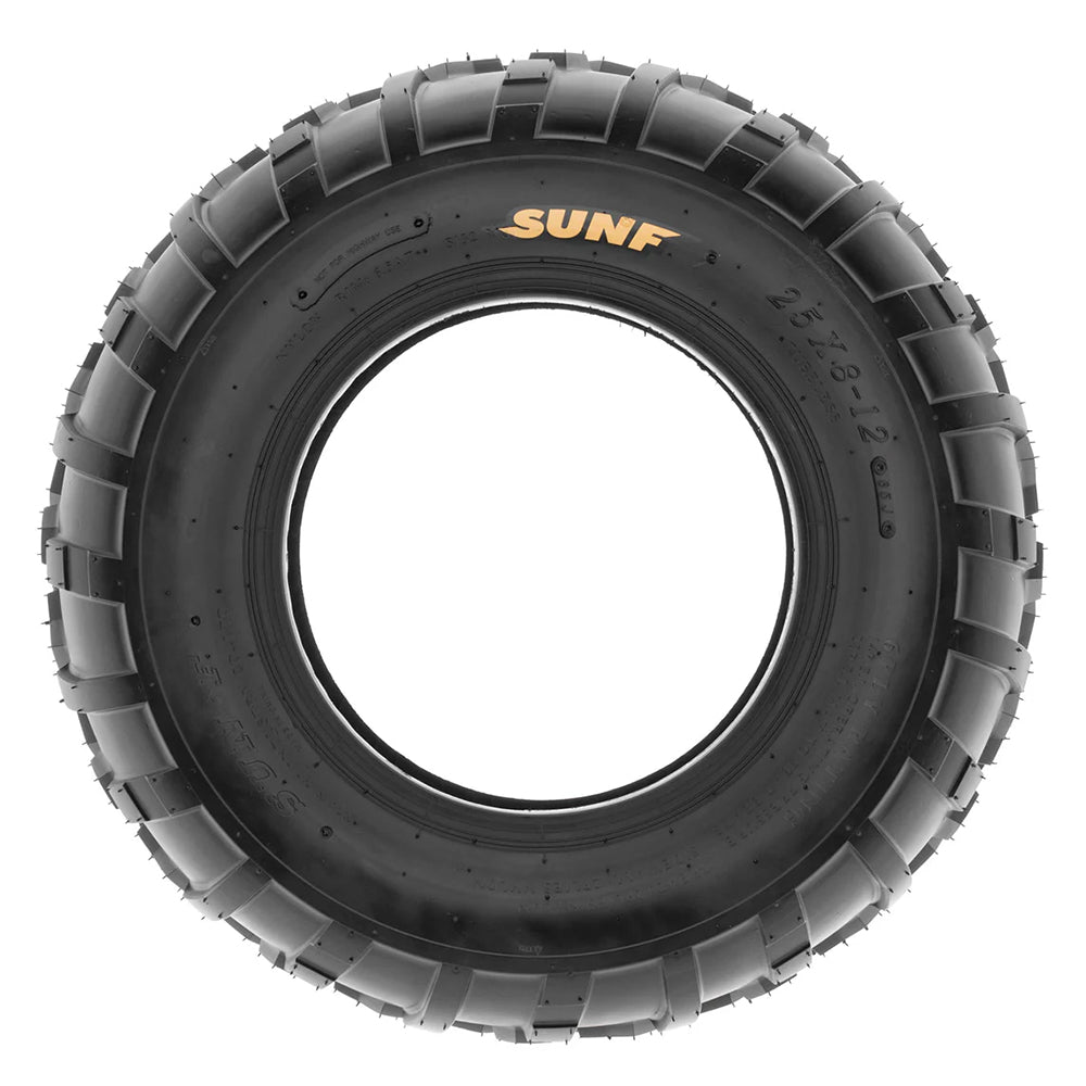 Full sidewall view of the 25x8-12 SunF A010 tire designed for ATV and UTV applications, featuring a full color hot press SunF logo.