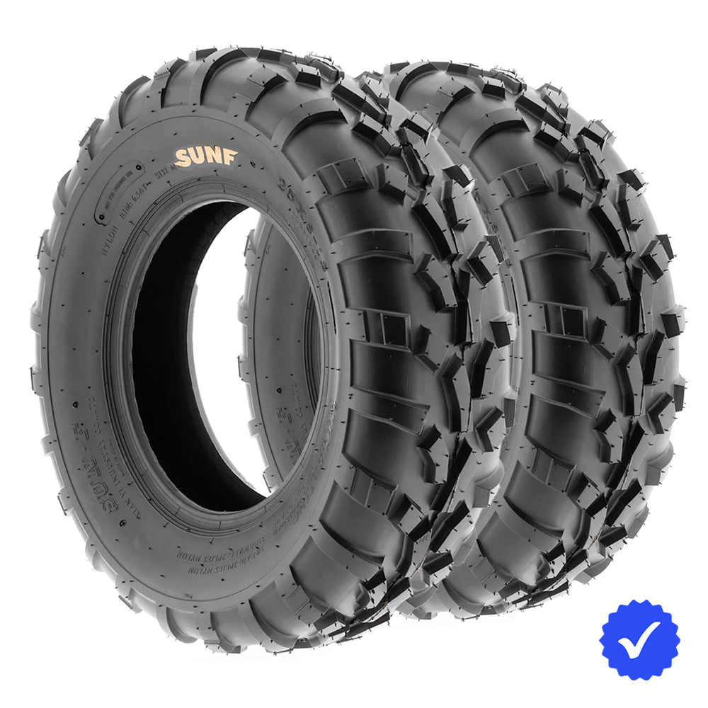 Pair of SunF A010 front ATV tires for sale with free shipping, save money by buying a set of 2, made with 6-ply bias construction and all terrain design, offered with free shipping.