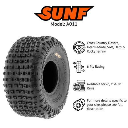 Promotional and feature photo showcasing the SunF A011 rear atv tire details such as cross country, desert, intermediate, soft, hard, and rocky terrain design, 6-ply bias rating, available sizes for 6", 7", and 8" rims, and full specifications available in the product description table.
