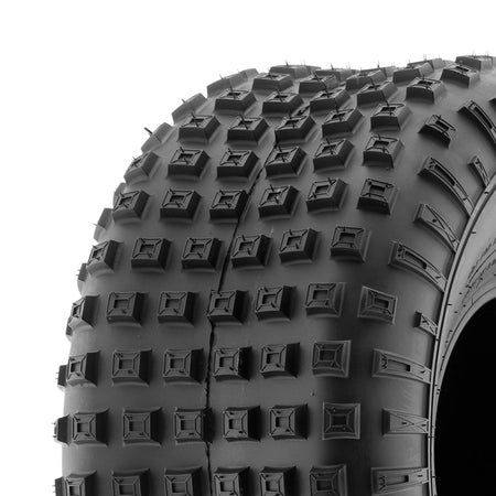 Close up view of tread pattern and pocketed dimpled lug design of the A011 SunF 4-wheeler and 3-wheeler rear tire, constructed with clamshell mold technology, and featuring symmetrical horizontal tread rows to allow moderate side bite when drifting.