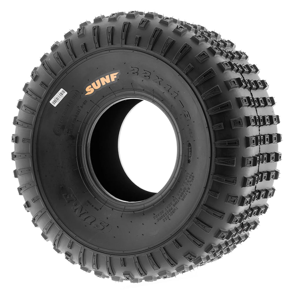 Sidewall view of the 22x11-8 SunF A011 dimpled knobby ATV, Quad, 4-wheeler, and 3-wheeler rear tire, displaying the wrap around shoulder tread and full color hot press SunF sidewall logo, sold by Ride or Die Tire.