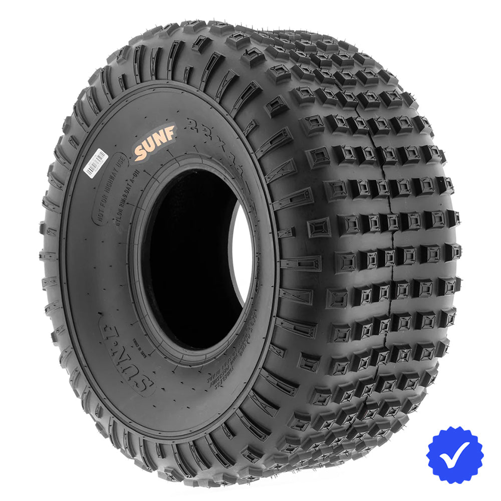Angled view of the SunF 6-ply bias ATV knobby tire, designed with strong construction and classic knobby design, available in rim sizes 6" to 9" with overall heights of 13" to 25", available individually, with free shipping from Ride or Die Tire.