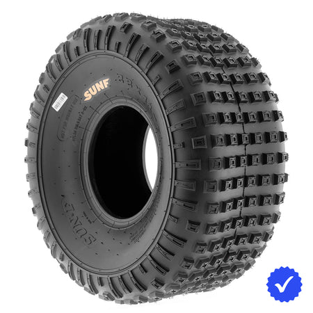 Angled view of the SunF 6-ply bias ATV knobby tire, designed with strong construction and classic knobby design, available in rim sizes 6" to 9" with overall heights of 13" to 25", available individually, with free shipping from Ride or Die Tire.