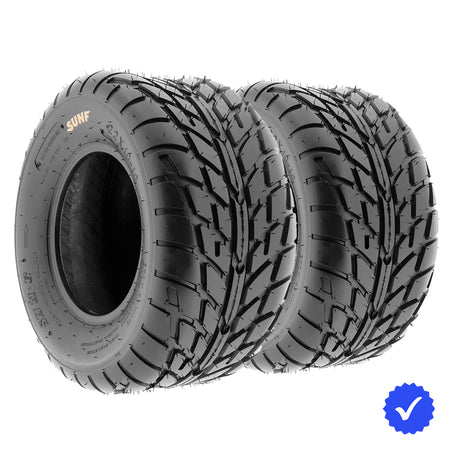 Angled view of a pair of SunF A021 street and asphalt directional 6-ply tires for street quads and ATVs, available in rim sizes from 6" to 14" in a wide variety of popular sizes and heights.