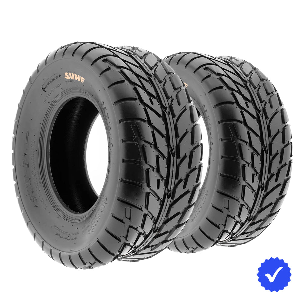 Angled view of 25x10-12 street and road quad tires designed with directional tread pattern and higher speed design, offered with free shipping and available in pairs or as individual tires.