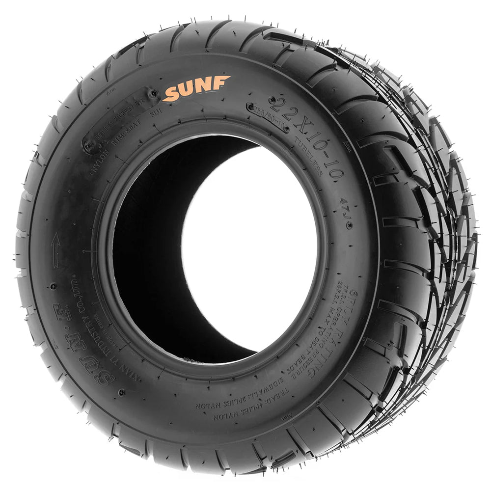 Angled sidewall view displaying the molded design and tire information of the heavy duty 6-ply SunF A021 ATV and Quad street tire, including the full color SunF logo.