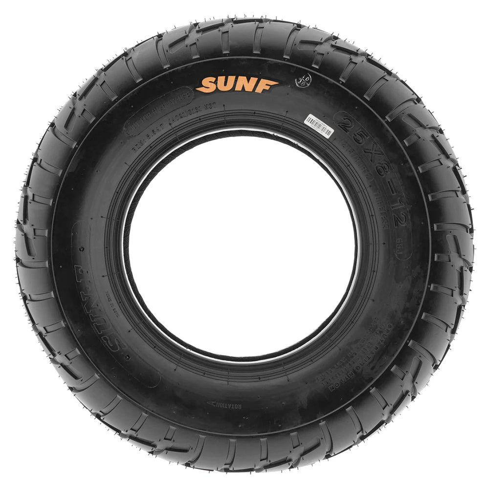 Full sidewall view of the road and street inspired SunF A021 directional 6-ply bias construction ATV, Quad, and small UTV tire, offered in 6", 8", 9", 10", 11", 12", and 14" wheel diameters, and always with free shipping on all sizes by Ride or Die Tire.