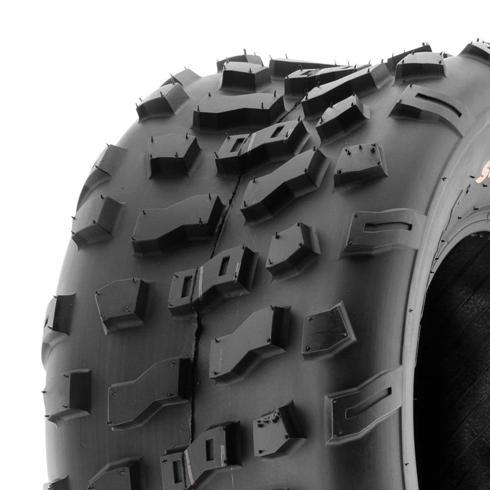 Close up detailed tread pattern view of the bias 4-ply lightweight ATV rear tire by SunF, the A022 model, featuring clamshell mold production and angled tread bars with pocketed center lug design.