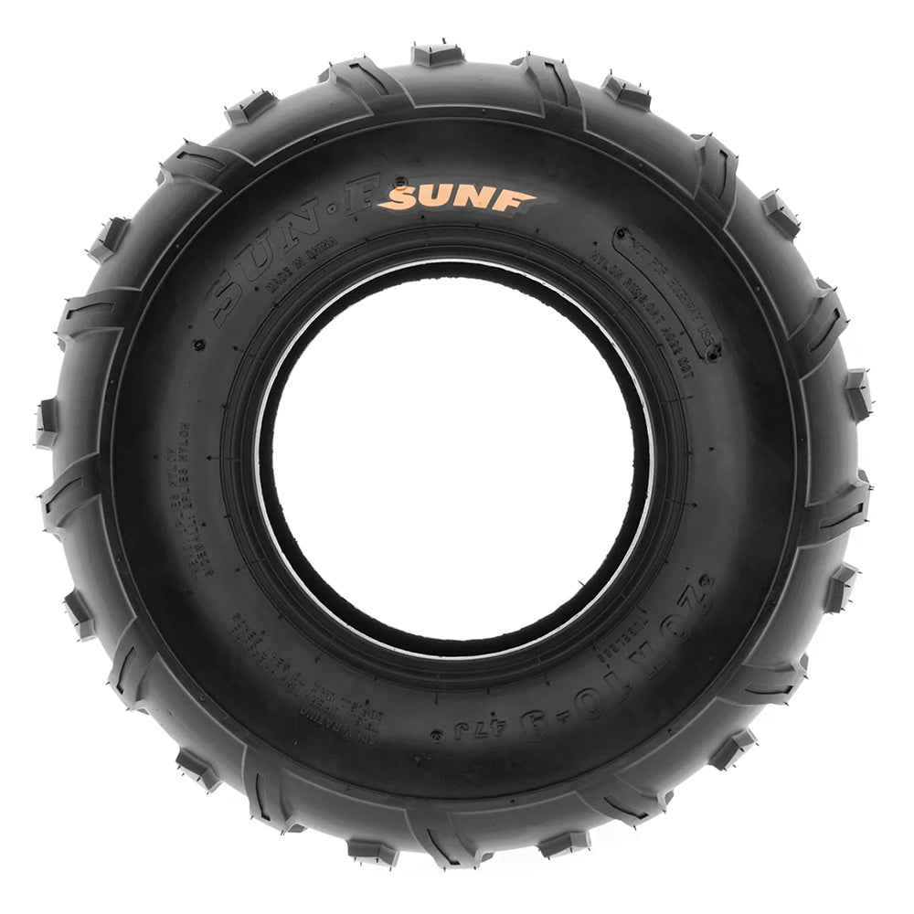 Full sidewall view of the 20x10-9 SunF A022 ATV, Quad, 3-Wheeler rear tire, available for 9-inch rims, and featuring a full color hot press SunF log on the sidewall for great looks, while boasting a load and speed index of 47J.