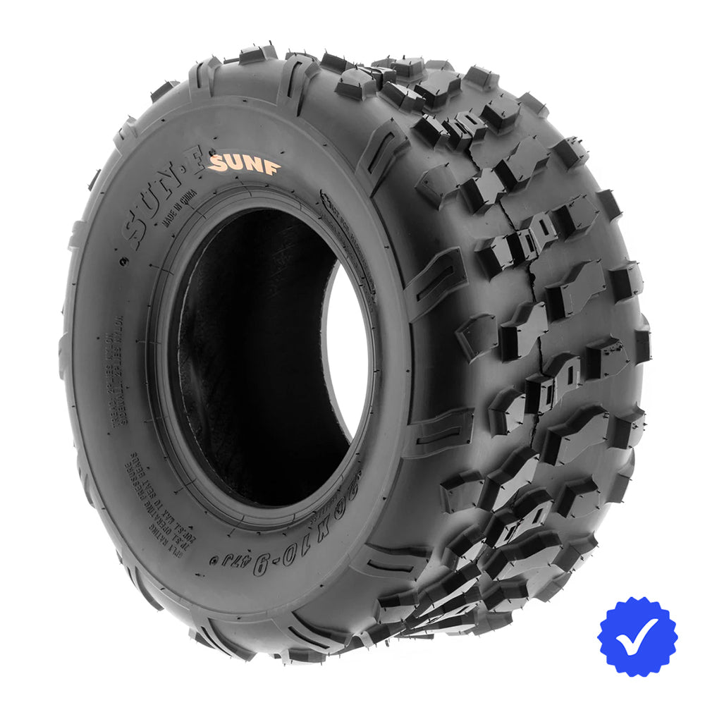 Angled view of the single / individual SunF A022 quad and atv rear tire, available for sale with fast and free shipping, 20x10-9 size designed for 9" wheels.