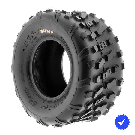 Angled view of the single / individual SunF A022 quad and atv rear tire, available for sale with fast and free shipping, 20x10-9 size designed for 9" wheels.