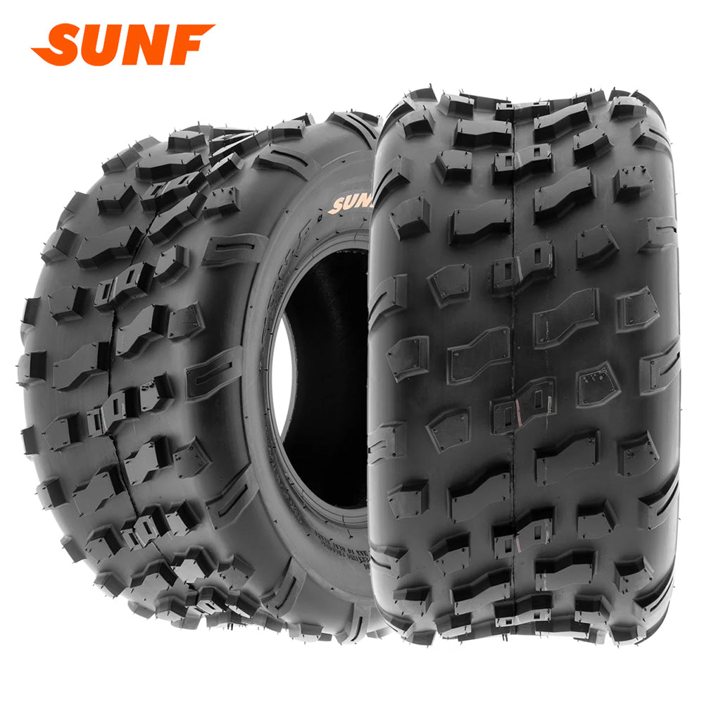 Main listing photo showing the SunF A022 rear ATV tires with 4-ply bias construction in 20x10-9 size, featuring non-directional all-terrain tread pattern and free shipping by Ride or Die Tire.