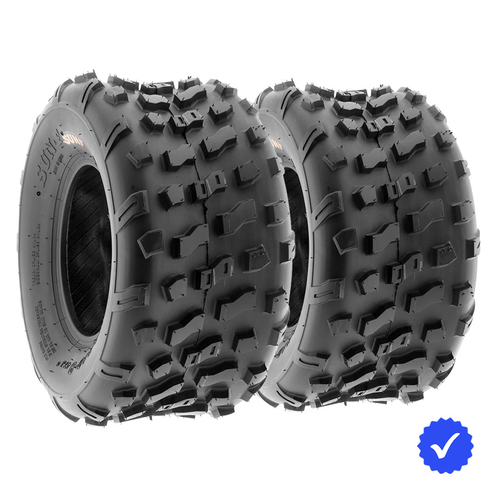 Angled view of a set of 2 / pair of SunF A022 quad and atv rear tires, available for sale with fast and free shipping, 20x10-9 size designed for 9" wheels.