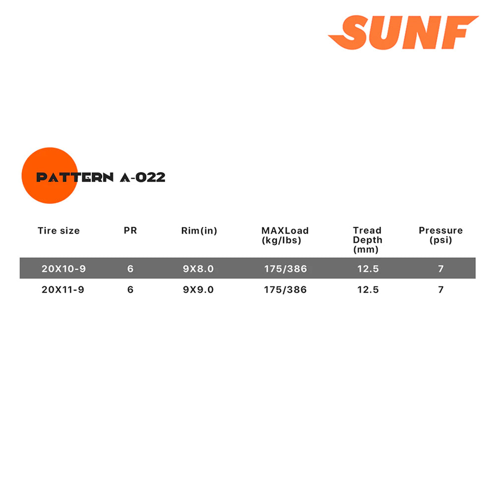 Available sizes and specifications table for the SunF A-022 sport ATV rear all terrain tire, displaying tire size, ply rating, rim size, max load, tread depth, and recommended psi.  
