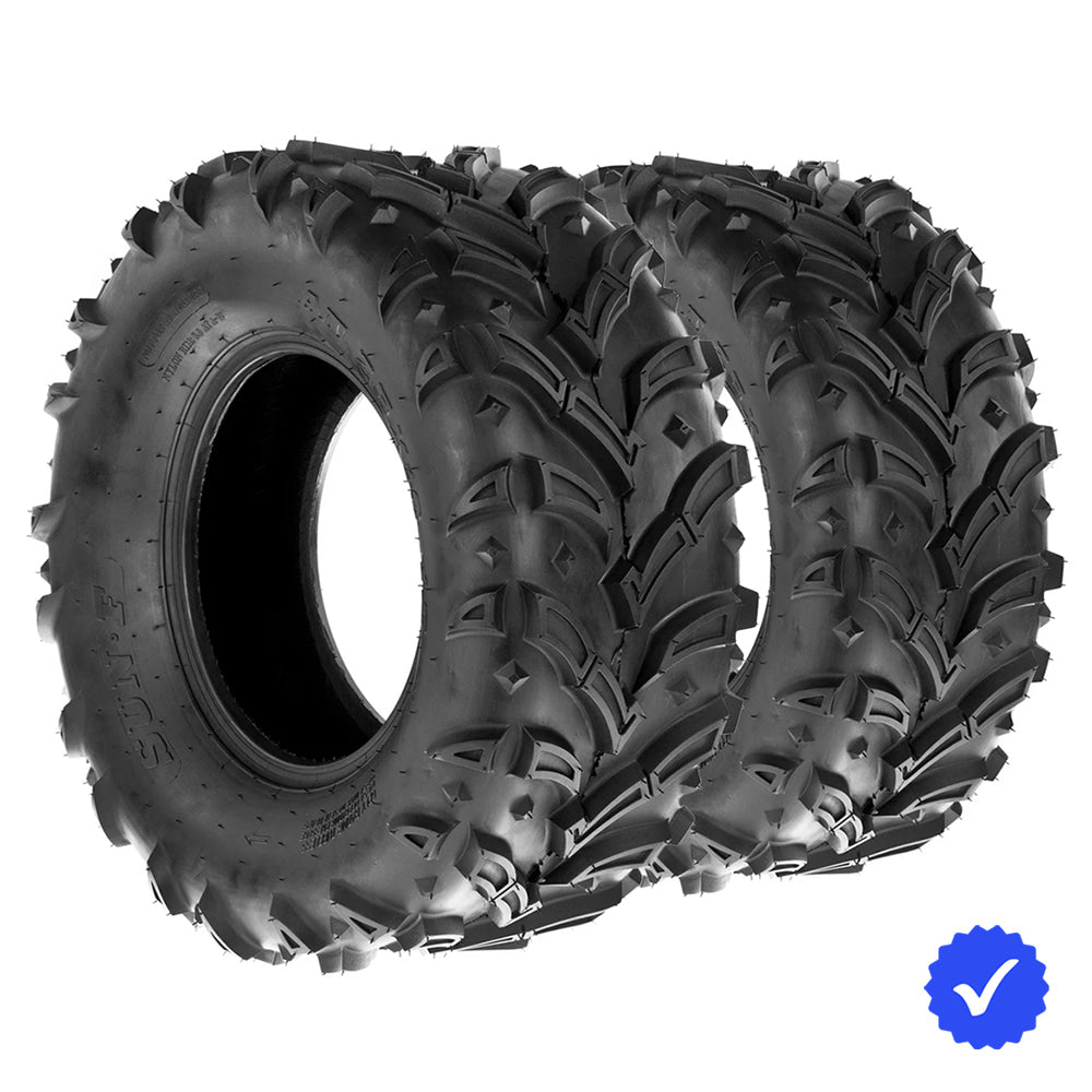 Pair / Set of 2 SunF A024-1 rear atv and utv tires in 25x10-12 size, featuring directional mud all-terrain design and 6-ply bias rating, great price and offered with fast and free shipping.