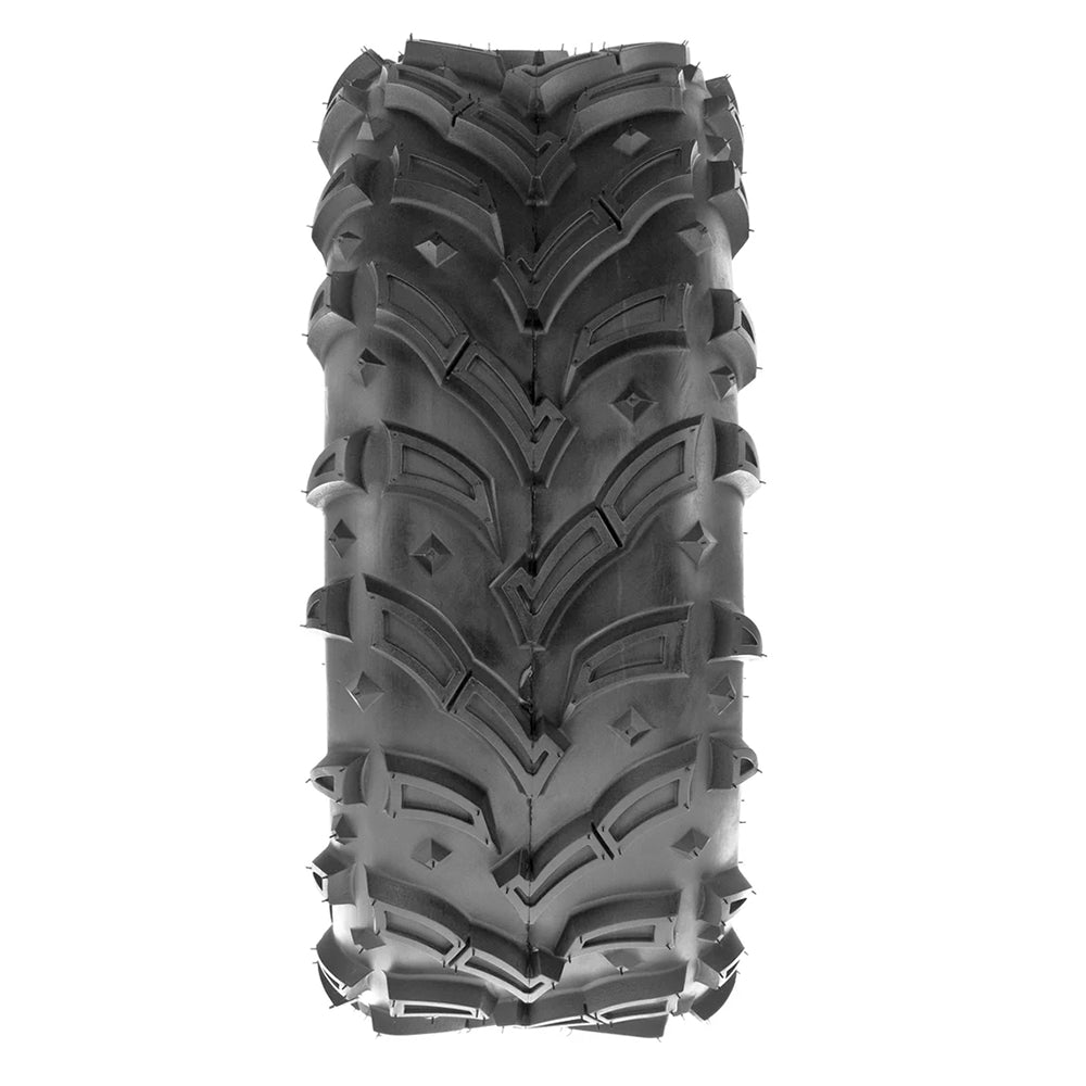 Full tread pattern view of the SunF A024-1 model utv / atv tire, featuring the checkmark style angled lugs with integrated lug pockets and diamond shaped casing / carcass design to help prevent mud buildup between the lugs.