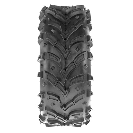 Full tread pattern view of the SunF A024-1 model utv / atv tire, featuring the checkmark style angled lugs with integrated lug pockets and diamond shaped casing / carcass design to help prevent mud buildup between the lugs.