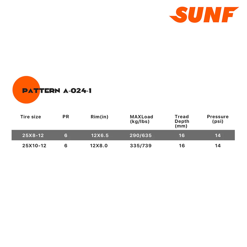 Chart showing available sizes and specifications of the SunF A-024-1 utv and atv tire, including rim size, max load, tread depth, and recommended psi.