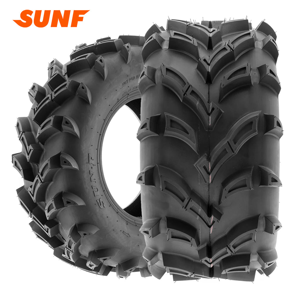 Main listing photo of the SunF A024 lineup of ATV and UTV tires, featuring front and rear sizes with all-terrain and mud-terrain directional tread design, all offered with fast and free shipping from Ride or Die Tire.